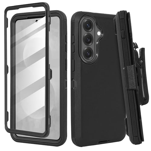 Compatible for Samsung S26 Rugged Case with Belt Clip Holster & Built-in Screen Protector, Heavy-Duty Full-Body Shockproof Cover, Military-Grade Protective Phone Case (Black) - color: Black