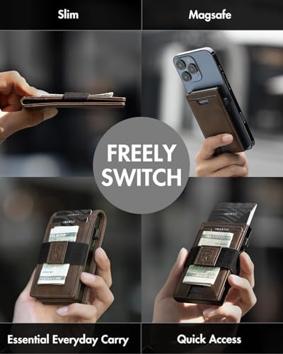 iwantit 3 in 1 MagSafe Wallet Men: Slim Bifold Money Clip + Smart Pop up Card Holder - Cash Strap, Men’s Minimalist Magnetic Wallet, ID Window, Premium Leather (Nubuck Brown) - color: Nubuck Brown