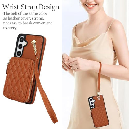 Asuwish Phone Case for Samsung Galaxy S25 5G Wallet Cell Cover with Tempered Glass Screen Protector Wrist Crossbody Strap RFID Blocking Credit Card Holder S 25 25S 25 25S SM-S931U Women Girls Brown - color: Brown