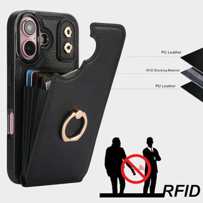 Folosu Compatible with iPhone 16 Case Wallet with Card Holder, 360°Rotation Finger Ring Holder Kickstand, RFID Blocking Leather Protective Double Buttons Shockproof Cover 6.1 Inch Black - color: Black