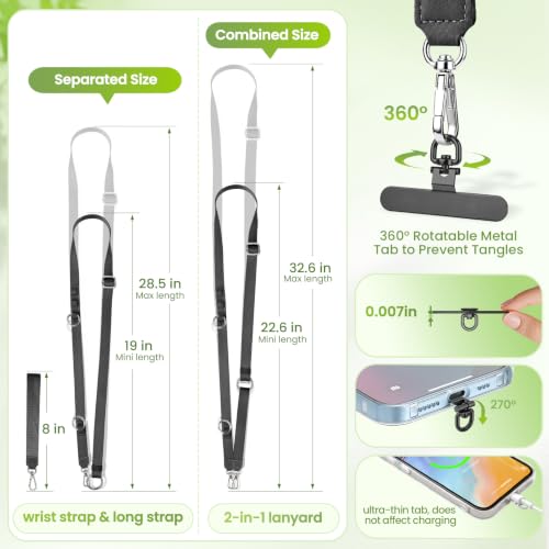 takyu Multifunctional Phone Lanyard, 3 in 1 Cell Phone Detachable Adjustable Crossbody Strap & Neck Lanyard & Wrist Lanyard with 2x Tether Tab for Most Smartphones, Outdoor Travel Essential Black - color: Blackx1