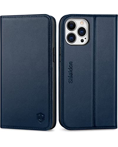 SHIELDON Genuine Leather Case Wallet for iPhone 13 Pro Max 6.7", Navy Blue | Magnetic Closure, RFID Blocking, Credit Card Slot, Kickstand, Flip Book Design, Shockproof Phone Cover - color: Navy Blue