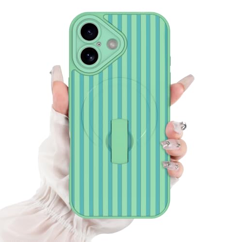 for iPhone 17 Case Green Cute Stripes Pattern | [Compatible with Magsafe] with Finger Hand Strap Kickstand Case for Girls Women Shock Scratch Protection Phone case - color: Green Stripes, size: iPhone 17