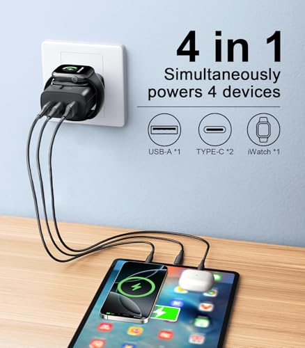 4 in 1 for Apple Watch Charger,Wireless Magnetic iWatch Charger,Portable Travel Essentials 40W USB C Fast Charging Block for Phone AirPods iWatch Ultra/SE/11/10/9/8/7,iPhone 17/16/15/14 Devices,Black