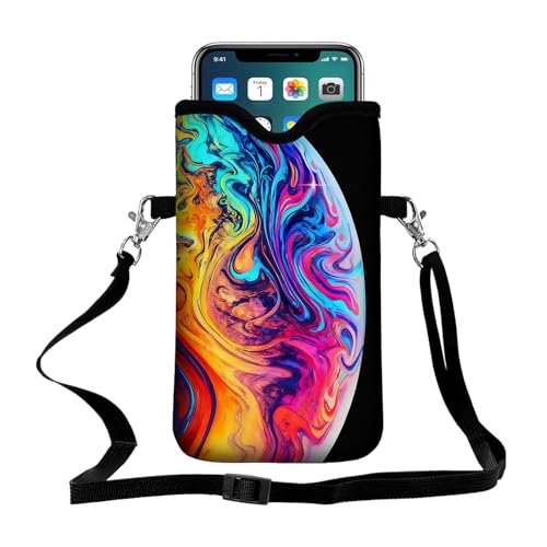 Men Women Neoprene Cell Phone Sleeve Pouch Case Bag with Crossbody Strap/Neck Lanyard 7.5 X 4.3 in (Colorful Earth Pattern) - color: Colorful Earth Pattern