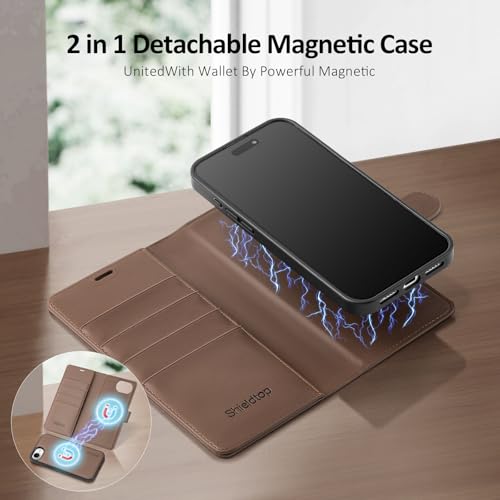 Shieldtop Compatible with MagSafe iPhone 17e / 16e Wallet Case,Coffee | 2 in 1 Detachable Magnetic,Credit Card Holder Slots,RFID Blocking,PU Leather,Kickstand,Flip Folio Phone Cover for Men & Women - color: Coffee