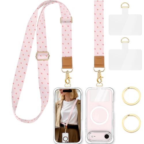 Phone Lanyard Crossbody Strap, Adjustable Neck Strap and Wristlet Strap for Phone Wallet ID Badge with 2 Phone Tabs - color: Pink Love Hearts