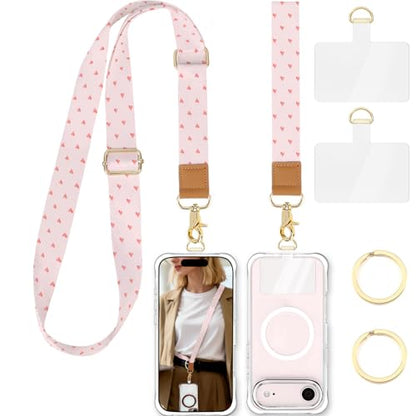 Phone Lanyard Crossbody Strap, Adjustable Neck Strap and Wristlet Strap for Phone Wallet ID Badge with 2 Phone Tabs - color: Pink Love Hearts