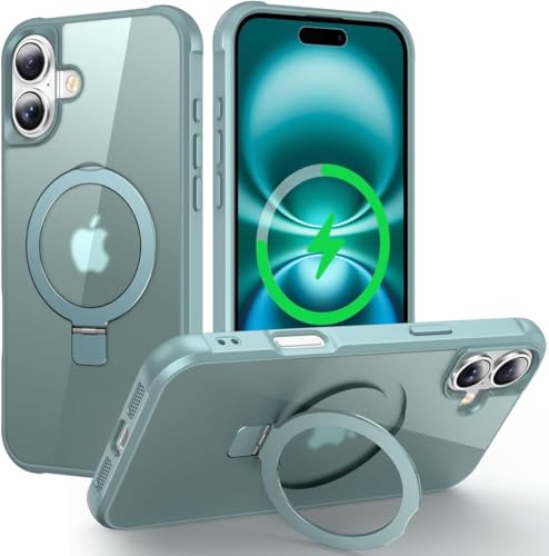 CHAOFEnG Magnetic Compatible with iPhone 16 Plus Case with Stand [Military Grade Drop Tested][Compatible with Magnet] Ring Translucent Slim Hard Back Soft Edge, Teal Green - color: Teal Green, size: iPhone 16 Plus