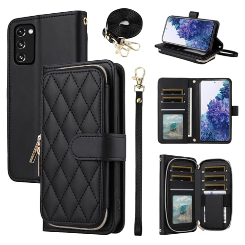Wallet Case for Samsung Galaxy S20 FE 5G 6.5 inch with Wrist Strap, 9+ Card Slots Zipper Purse, Luxury PU Leather Stand Phone Cover for S 20 EF UW S20FE5G S20FE 20S S2O Fan Edition 4G G5 Black | Wrist/Shoulder Strap, 9+ Card Slots, Luxury PU Leather Phone