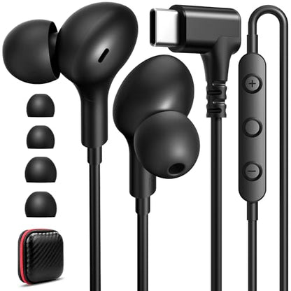 USB C Headphones with Case & Mic Wired Earbuds 90° Angled for Apple Android - color: Black