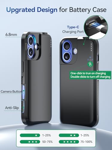NEWDERY Battery Case for iPhone 16 USB C Fast Charging Case 6.1‘’ 5000mAh | Portable Protective Power Bank, CarPlay, Sync-Data Supported, Rechargeable,Fast Charger Case, Black - size: iPhone 16-5000mAh