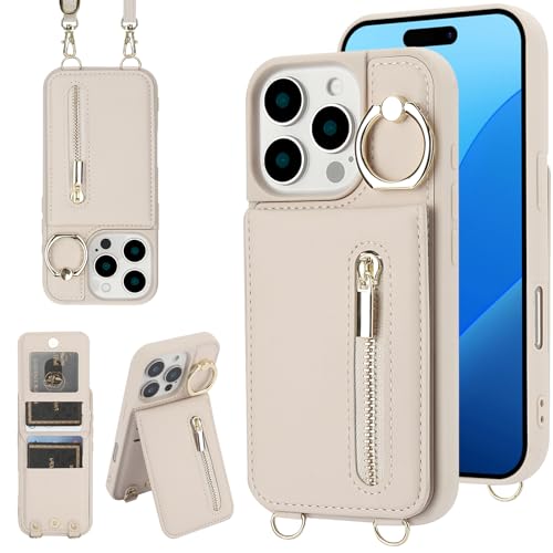 Crossbody Wallet Case for iPhone 12 Pro Max, with Card Slots Zipper Pocket Case, Flip Folio Purse RFID Blocking with Ring Kickstand Detachable Strap-Beige - color: Beige, size: iPhone 12 Pro Max(6.7")