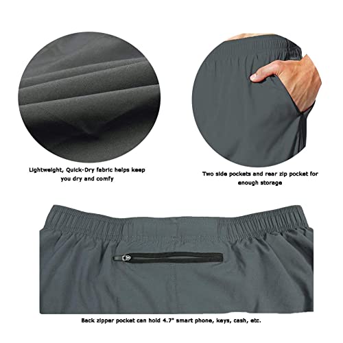 EZRUN Men's 5" Athletic Running Shorts Quick Dry with Liner Zip Pocket - color: Grey, size: Medium