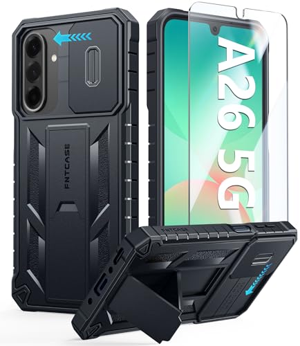 FNTCASE for Samsung Galaxy A17/A16 Phone Case with Slide Camera Cover Black | Built in Kickstand, Military Grade Dropproof Protection, Heavy Duty Rugged Phonecase, Outdoor Protection - color: Black, size: For Galaxy A26 6.7 Inch