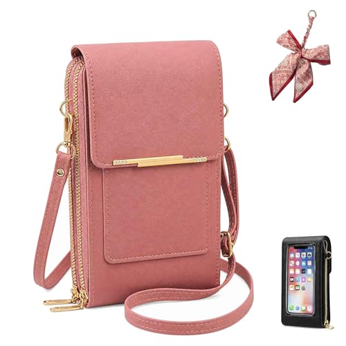 2026 Touchscreen Phone Crossbody Bag for Women, RFID Blocking Leather Mobile Phone Purse - color: Dark Pink