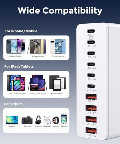 USB C Charging Station 10 Port with 4 Cables,245W GaN Charger Block - color: White