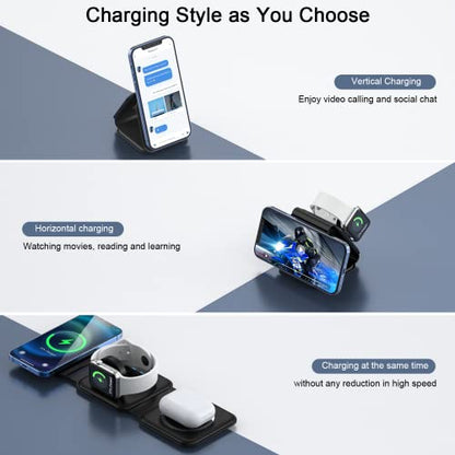 3 in 1 Wireless Charging Station for Apple,Foldable Magnetic Travel Charger - color: black