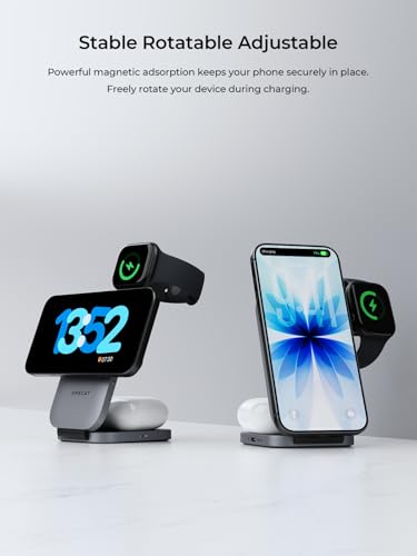 3-in-1 Fast Magnetic Wireless Charging Station for Apple: 15W Qi2-Certified Palm-Sized Foldable MagSafe Charger Stand for iPhone 17, Apple Watch, AirPods, Travel Portable with 30W Adapter& Travel Case