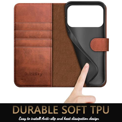 DuckSky Compatible with iPhone 17 Pro Max 6.9" Genuine Leather Wallet case【RFID Blocking】【4 Credit Card Holder】【Real Leather】 Flip Phone case Cover Women Men for Apple 17 Pro Max case Light Brown - color: Light Brown