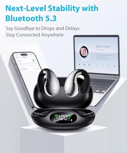Boytond Ultra Open Ear Earbuds, Comfort Clip On Earbuds, Wireless Bone Conduction Headphones with Bluetooth 5.3, Fast Charging Fast Charging for Running, Sports, and Travel, Mirror Black