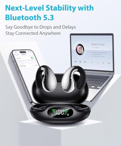 Boytond Ultra Open Ear Earbuds, Comfort Clip On Earbuds, Wireless Bone Conduction Headphones with Bluetooth 5.3, Fast Charging Fast Charging for Running, Sports, and Travel, Mirror Black