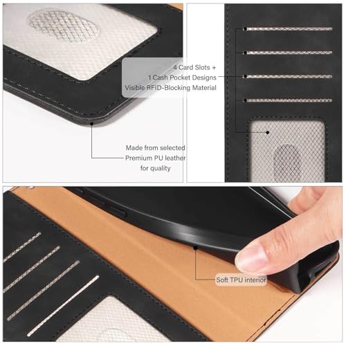 Wallet Case for Samsung Galaxy A17, RFID Blocking (Black) | 4 card slots with ID window, cash pocket, wrist strap, stand function, magnetic closure, flip PU leather, TPU inner shell - color: Black