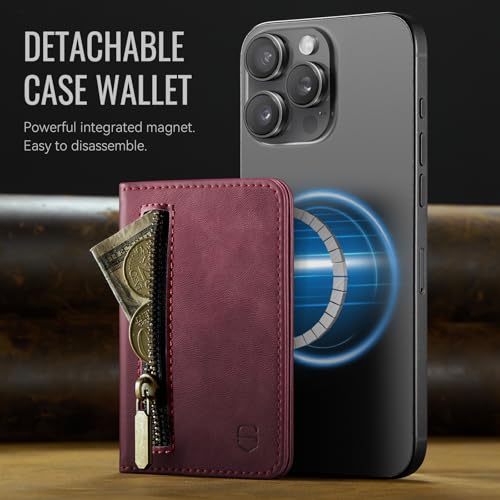 Strapurs Magnetic Card Holder Compatible with MagSafe Phones and Cases, PU Leather Phone Wallet for iPhone 17/16/15/14/13/12/Pro/Max/Plus/Air, 4 Card Slots RFID Blocking with Zipper Pocket - Burgundy - color: Wine Red