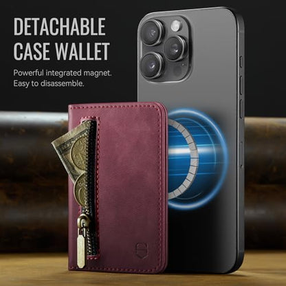Strapurs Magnetic Card Holder Compatible with MagSafe Phones and Cases, PU Leather Phone Wallet for iPhone 17/16/15/14/13/12/Pro/Max/Plus/Air, 4 Card Slots RFID Blocking with Zipper Pocket - Burgundy - color: Wine Red
