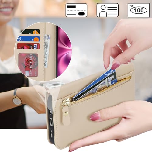 Ｈａｖａｙａ for iPhone 16 case Wallet with Card Holder Zipper for Women Men PU Leather Flip Folio Credit Card Slots Stand Shockproof Phone Cover(6.1")-Beige - color: Beige-A