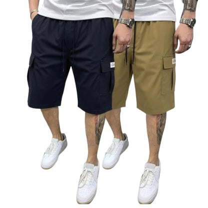 2 Pack Men's 10" Cargo Shorts Quick Dry Stretch Waist Hiking - color: Black+khaki, size: XX-Large