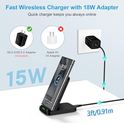 15W Fast Wireless Charger Stand, Android Desk Charging Station with Adapter