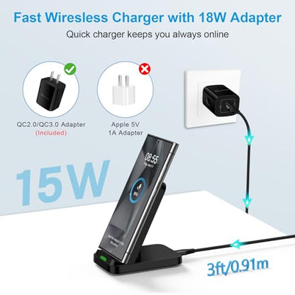 15W Fast Wireless Charger Stand, Android Desk Charging Station with Adapter