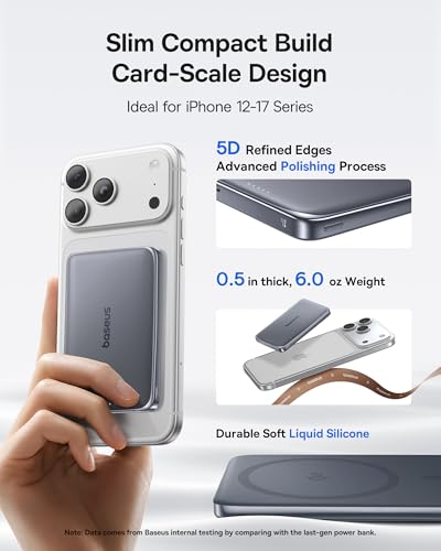 Baseus Picogo Power Bank, 0.5" Ultra Slim 10000mAh MagSafe Portable Charger, Upgraded CCC Certified 27W Fast Charging Magnetic Battery Pack, Alloy Wireless Charger for iPhone 17/16/15/14/13/12 - color: Polished Space Gray