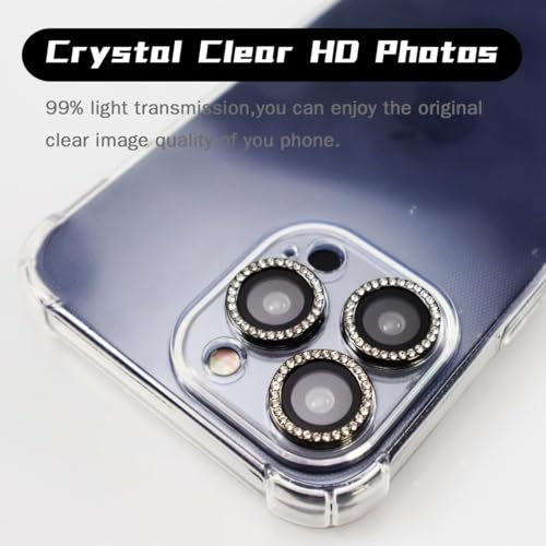BONVAN for iPhone 15 Pro/Pro Max/14 Pro/ProMax Camera Lens Protector - Bling Glitter Diamond Metal Crystal Tempered Glass Screen Accessories Rhinestones Lens Cover (Black) - color: Black