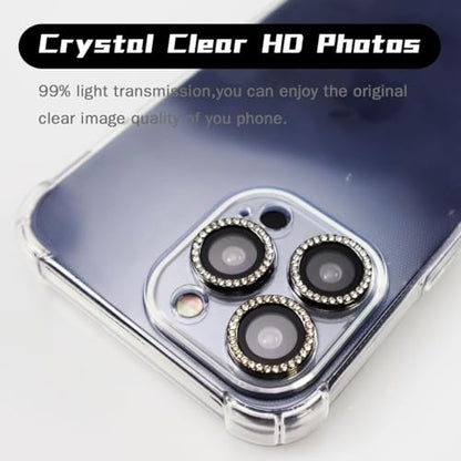 BONVAN for iPhone 15 Pro/Pro Max/14 Pro/ProMax Camera Lens Protector - Bling Glitter Diamond Metal Crystal Tempered Glass Screen Accessories Rhinestones Lens Cover (Black) - color: Black