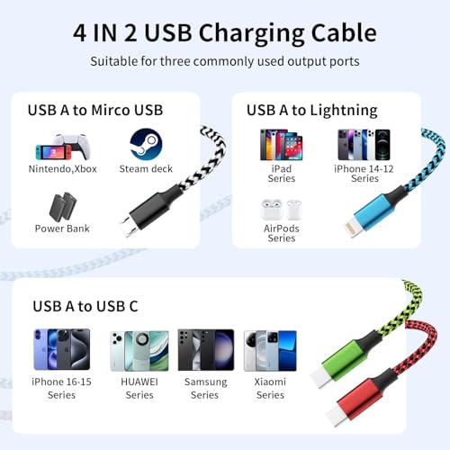 4 in 2 Multi Charging Cable, USBA/C Universal Charging Cords 1 Pack 5FT - color: Red&Green&Blue&White