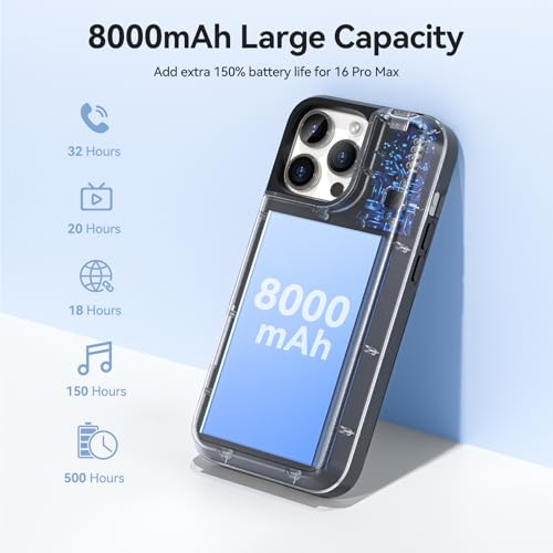 NEWDERY Battery Case for iPhone 16 Pro Max USB C Power Bank Black 8000mAh | Protective Portable Power Bank, CarPlay, Sync Data Supported, Rechargeable Charger Case 6.9", Black - size: iPhone 16 Pro Max-8000mAh