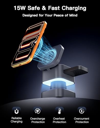 3 in 1 Wireless Charging Station, Wireless Charger with Night-Lamp & Retractable Design, Phone Wireless Charger Fast Charger for Phone 17/16/15/14/13/12/11/X Pro/Max/Plus/Watch/pods