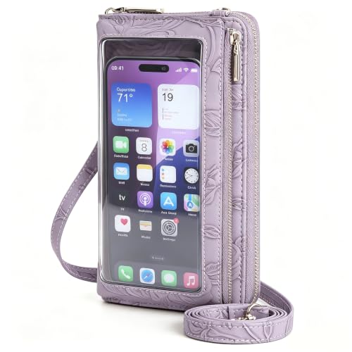 GOIACII Phone Purse Crossbody Bags for Women Small Travel Wallet Touch Screen RFID Blocking - color: A11 Purple Pattern