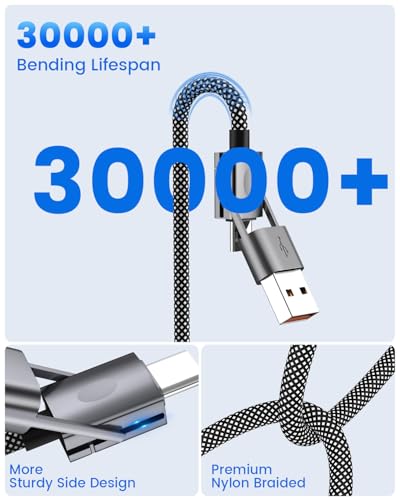 2Pack 4 in 1 Charging Cable 65W Fast Charging [6FT], Multi Charger Cord USB C to USB C/Lightning/USB A, Durable Nylon Braided Power Delivery for iPhone 17 17e 16 15 14, MacBook, Samsung Galaxy S26 S25