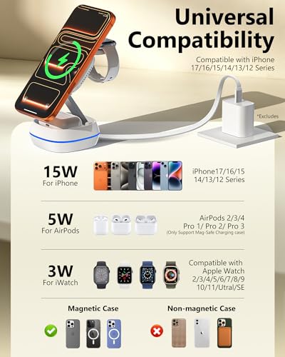 MFI Certified 3 in 1 Magsafe Wireless Charging Station,15W Magsafe Charger,Foldable Travel Charging Magnetic Stand for iPhone 17/16/15/14/13/12 Series,iWatch,Airpods,Built-in Retractable Cable