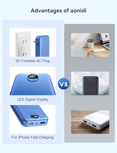 Portable Charger Power Bank 10000mAh with Built in Cables & Wall Plug - color: Steel Blue