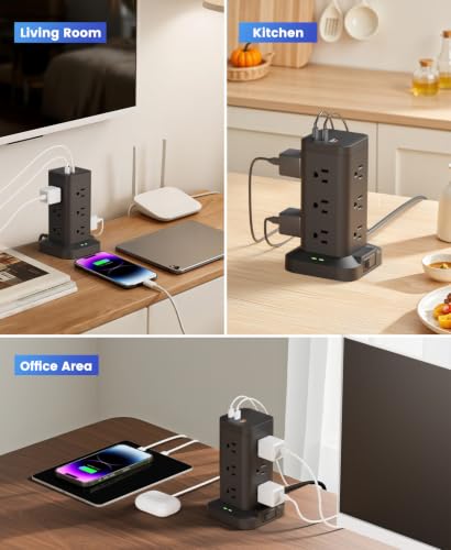 12AC 3USB Power Strip Tower Surge Protector 1800J, 9.8ft, Black, 1 - color: Black, size: 9.8ft