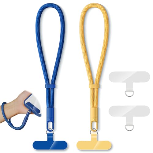 KITANIS 2 Pack Phone Lanyard,2×Phone Wrist Strap,4×Tether Tabs,Universal Cell Phone Multifuctional Patch Polyester Lanyards,Cell Phone Hand Strap for Women and Men(blue+yellow) - color: Blue+yellow, size: 6.3''Wrist Strap