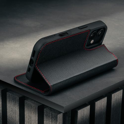 TORRO Leather Case Compatible with iPhone 17 6.3" 2025 - Premium Leather Wallet Flip Case with Kickstand and Card Slots (Compatible with Official MagSafe Chargers) - Black - color: Black with Red Detail, size: iPhone 17