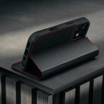 TORRO Leather Case Compatible with iPhone 17 6.3" 2025 - Premium Leather Wallet Flip Case with Kickstand and Card Slots (Compatible with Official MagSafe Chargers) - Black - color: Black with Red Detail, size: iPhone 17