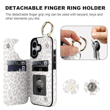 HAOPINSH Wallet Case for iPhone 17 with Card Holder, White Leopard Cheetah Print Back Flip Folio PU Leather Kickstand Card Slots Case, Finger Grip Ring Double Magnetic Clasp Shockproof 6.3" - color: White Leopard Grip Ring
