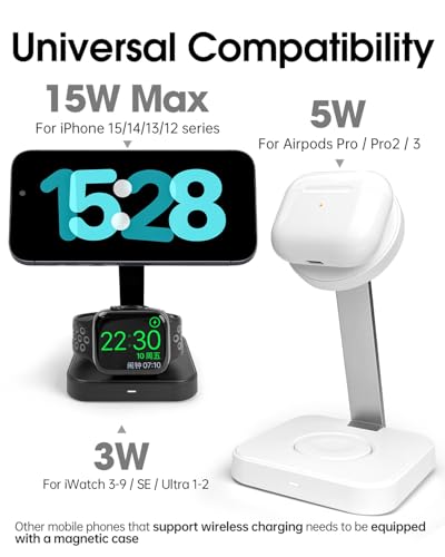 Magnetic Charging Station for Apple Watch 11/10/9/8,Foldable Wireless Charger for iPhone 17 16 15 14 13 Pro Max,3 in 1 Adjustable Angle Phone Holder Travel Dock,Mag-Safe Charger Stand for AirPods Pro - color: Black