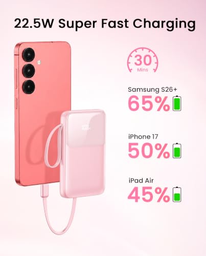 45% Smaller Portable Charger, 15000mAh Power Bank Built-in 4 Cables, Pink - color: Pink
